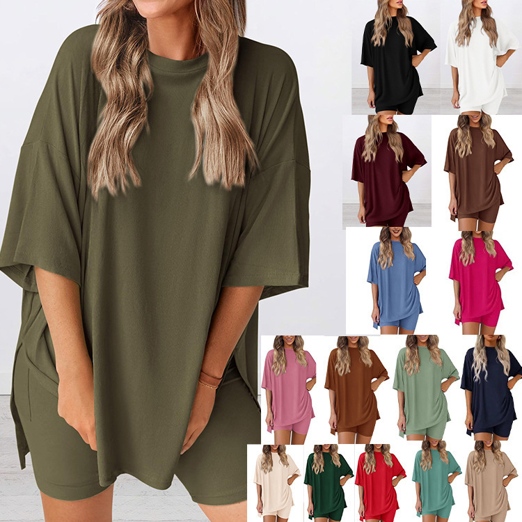 Summer 2026 new cross-border European and American Amazon export fashion Casual solid color loose women's pajama set full figure