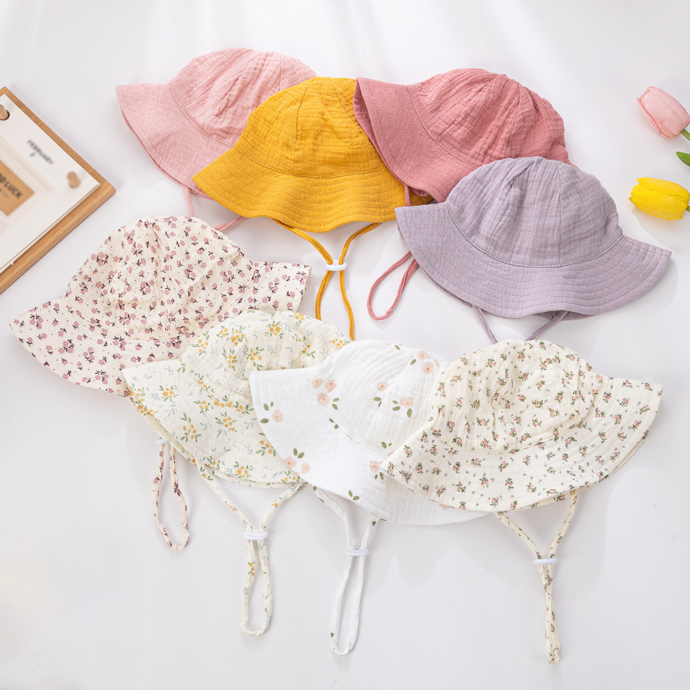 新款婴幼儿纯棉渔夫帽 纯色双层透气纱布遮阳帽可调节绳结渔天帽