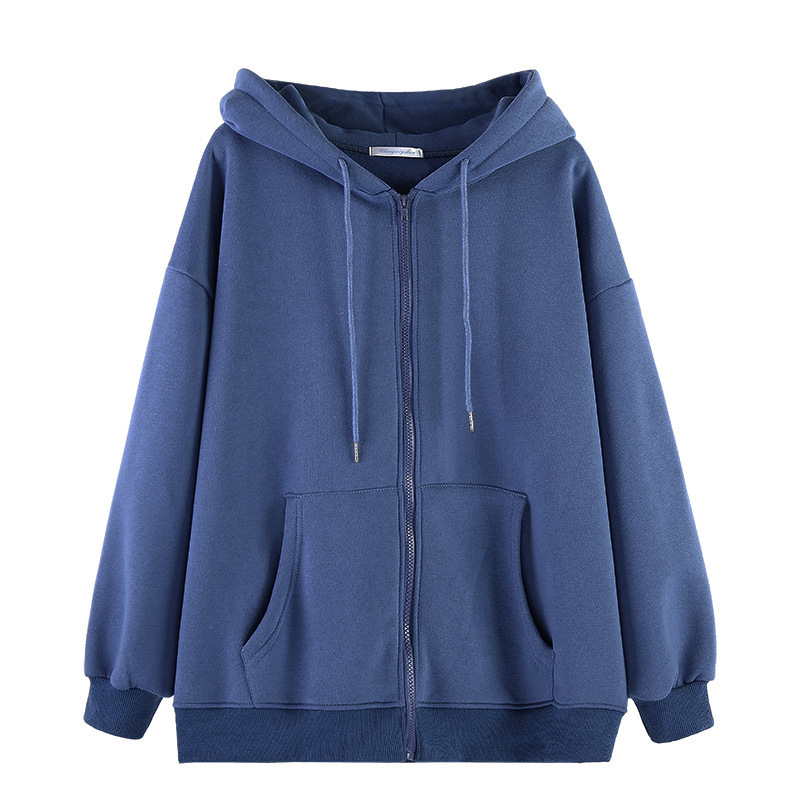 European and American cross-border trade autumn and winter zipper hooded sweatshirt for women, loose cardigan top, thickened fleece solid color coat Item Picture