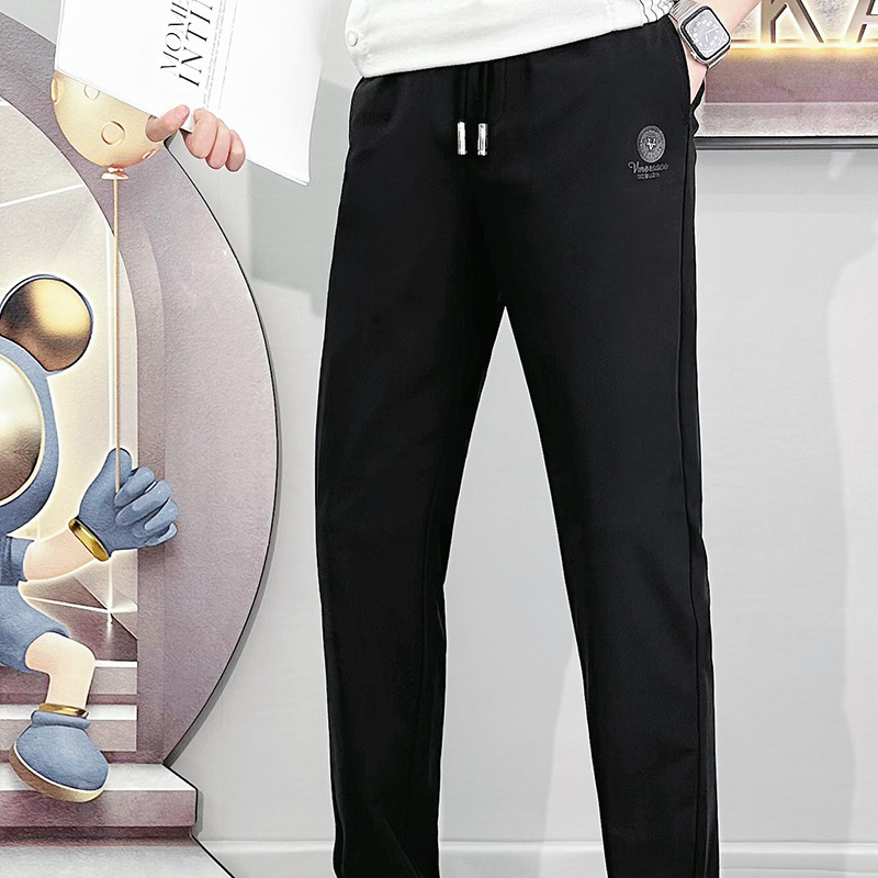 Custom-made black, versatile Korean solid color drawstring tight-fitting pants, men's trendy brand, high-waisted, casual and thin style details Picture