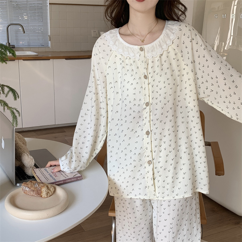Korean style ins country-style pajamas for women, thin and sweet lace long-sleeved and long pants set for women, fresh floral home wear details Picture