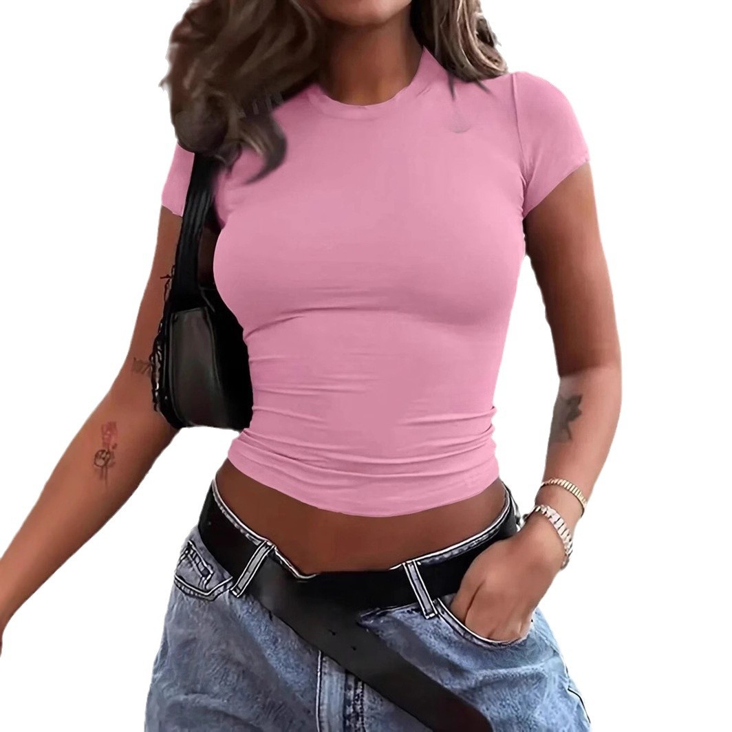 2026 amazon temu hiyin estilo europeo y americano explosión color sólido cuello redondo básico manga corta estilo corto camiseta transfronteriza comercio exterior mujeres Item Picture