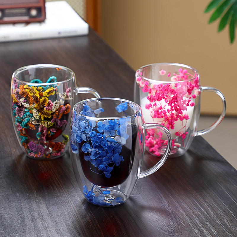 High borosilicate glass cups, double-layer dry flower glass cups, explosion-proof and heat-insulating, high appearance level with handles, drinking cups and coffee cups Specification image