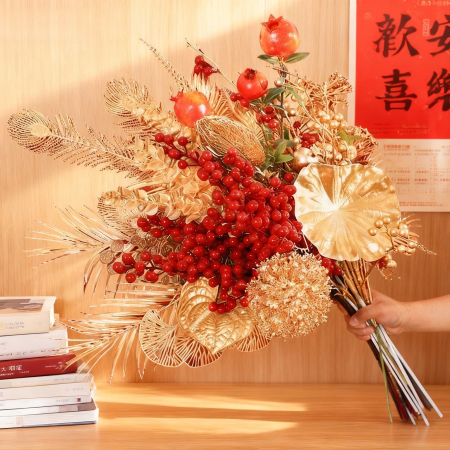 新年装饰花摆件发财果花摆设假花冬青红果客厅餐桌插花年宵花仿真