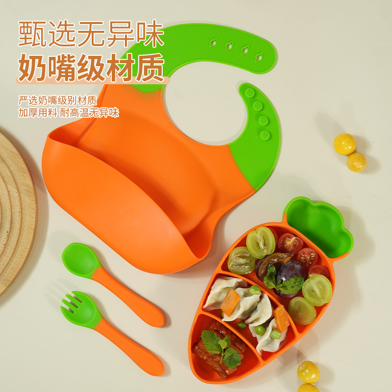 Children's silicone dinner plate set, baby and maternal products, split dinner plates, one-piece molding with suction cups, baby food plates with forks and spoons details Picture