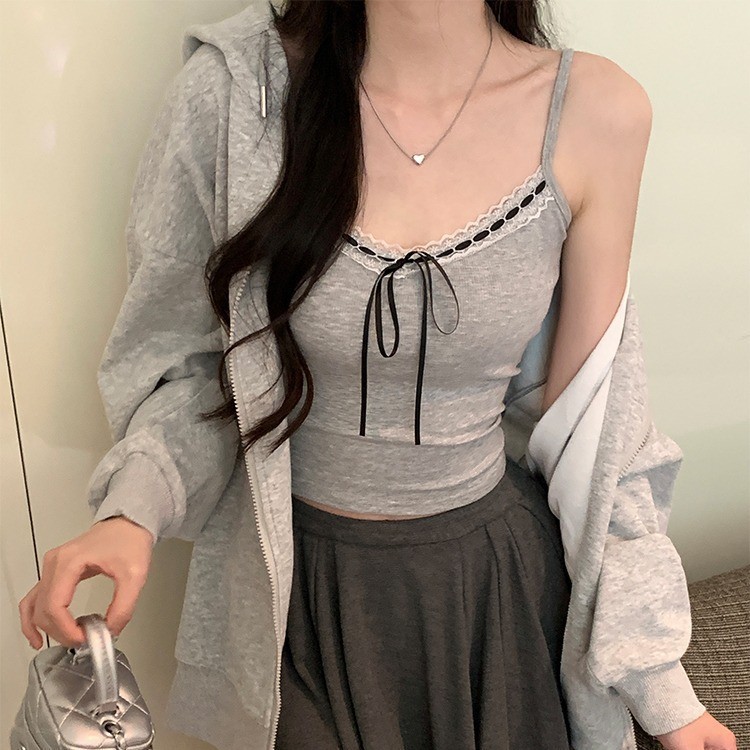 纯欲蕾丝花边背心女带胸垫短款甜美内搭外穿蝴蝶结美背上衣夏季新款详情3