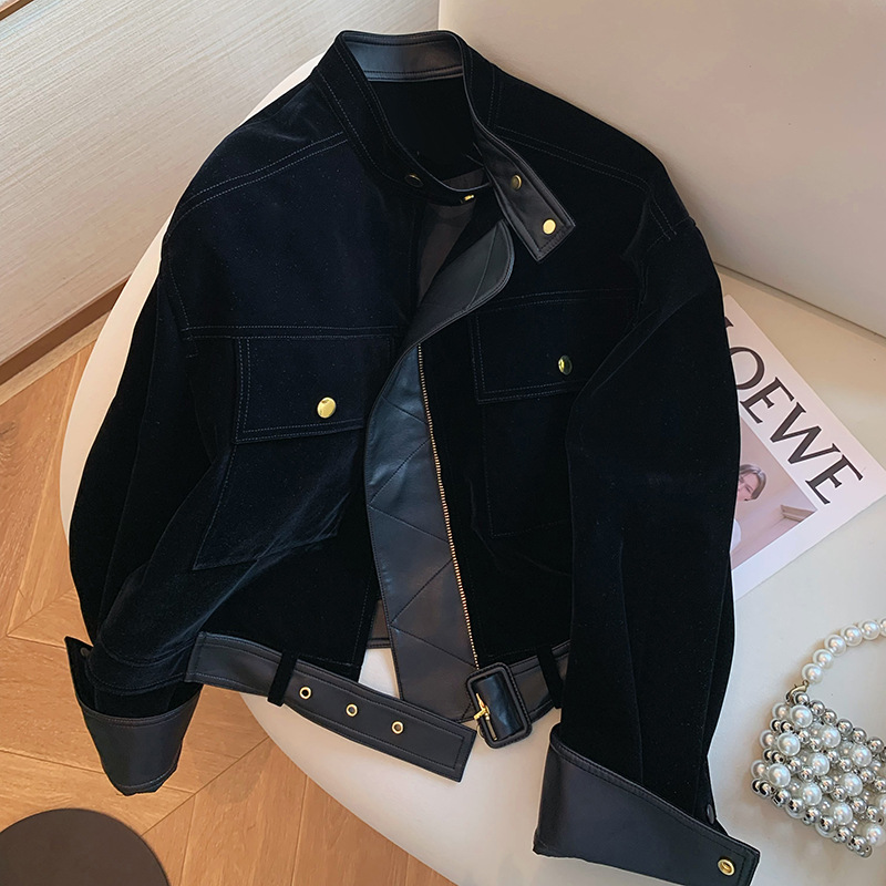 现货黑色pu皮拼接绒面立领短外套女秋冬新款复古气质显瘦上衣