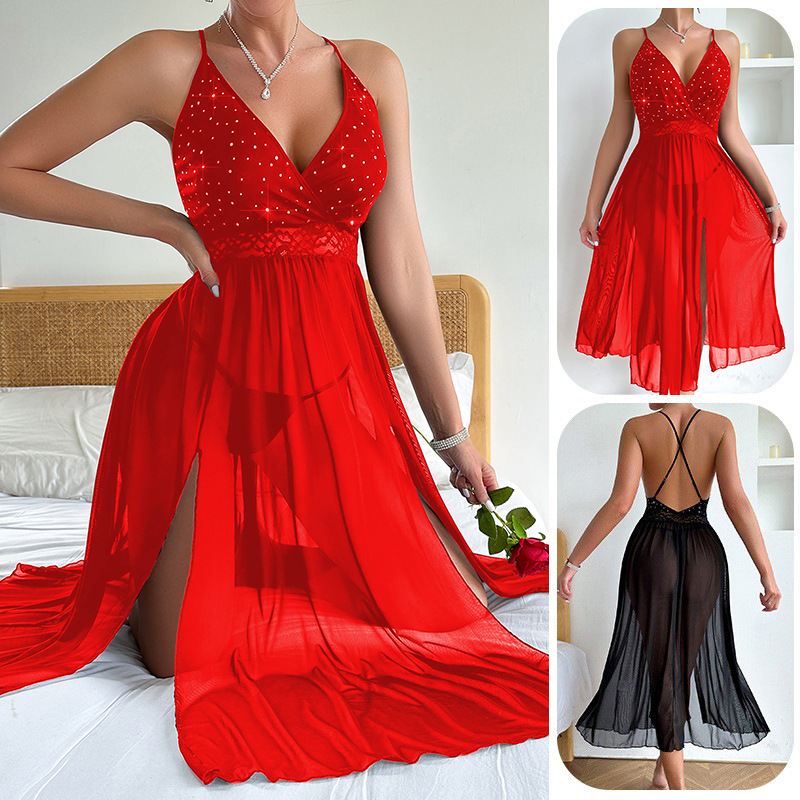 Feiyun Cross-border European and American see-through Cross beautiful back pajamas with hot diamond deep V lace mesh, sexy long sleeping dress 713