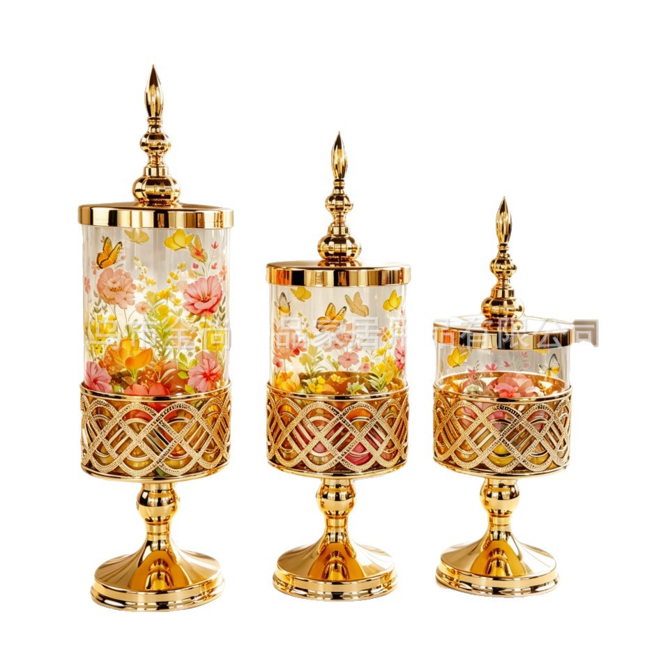 European-style light luxury golden Storage jar, printed high-footed candy jar, snack storage jar with lid Item Picture
