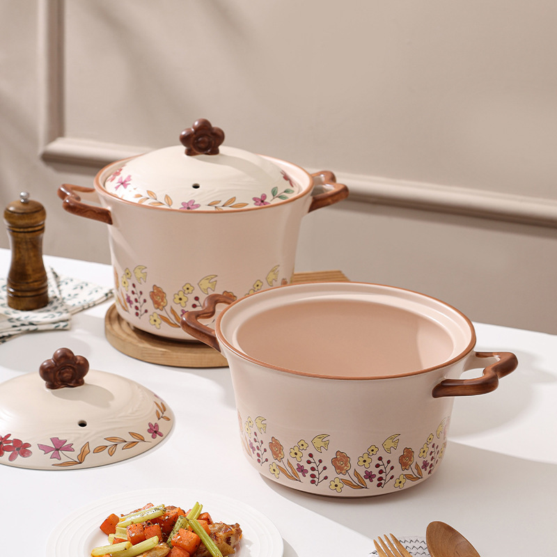Hand-painted flower tree pattern clay pot for home use, high-temperature resistant, dry-burning without cracking, large soup pot, gas stove special soup pot for stewing and making soup details Picture