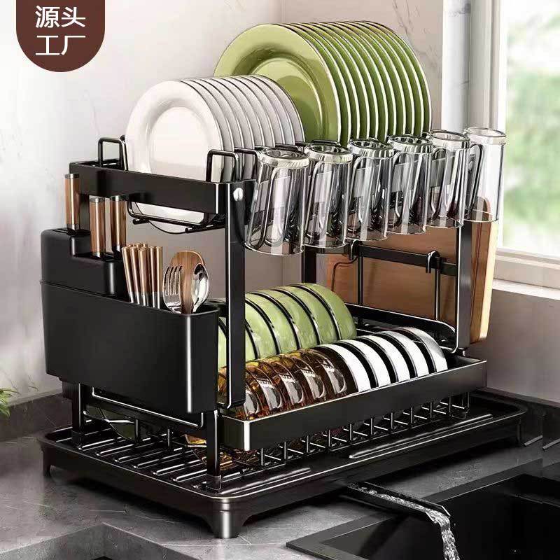 Cross-border kitchen household metal shelving, tableware storage, draining rack, multi-functional organizing countertop, double-layer dish rack details Picture