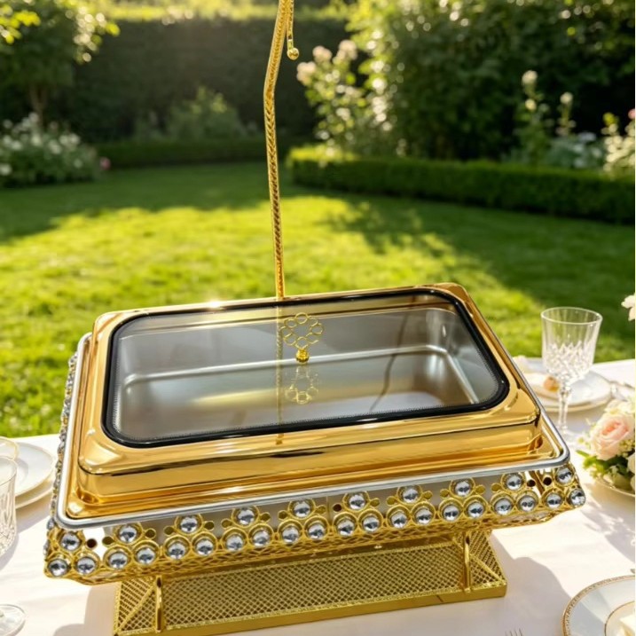 Luxurious golden stainless steel insulated pot 9L buffet heater commercial kitchen equipment with hanging lid Specification drawing