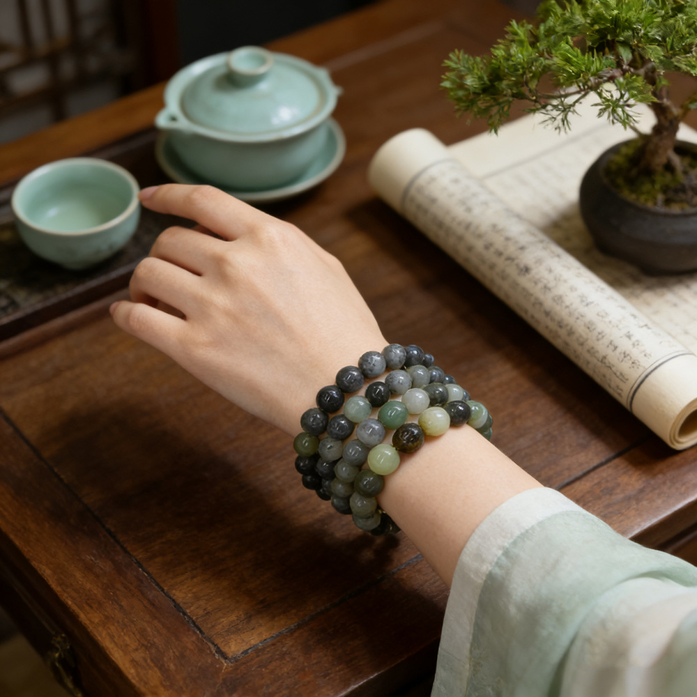 Natural Xiuyan jade ink wash bracelet 10mm, natural jade round beads with holes, diy handmade original jewelry bracelet gift details Picture