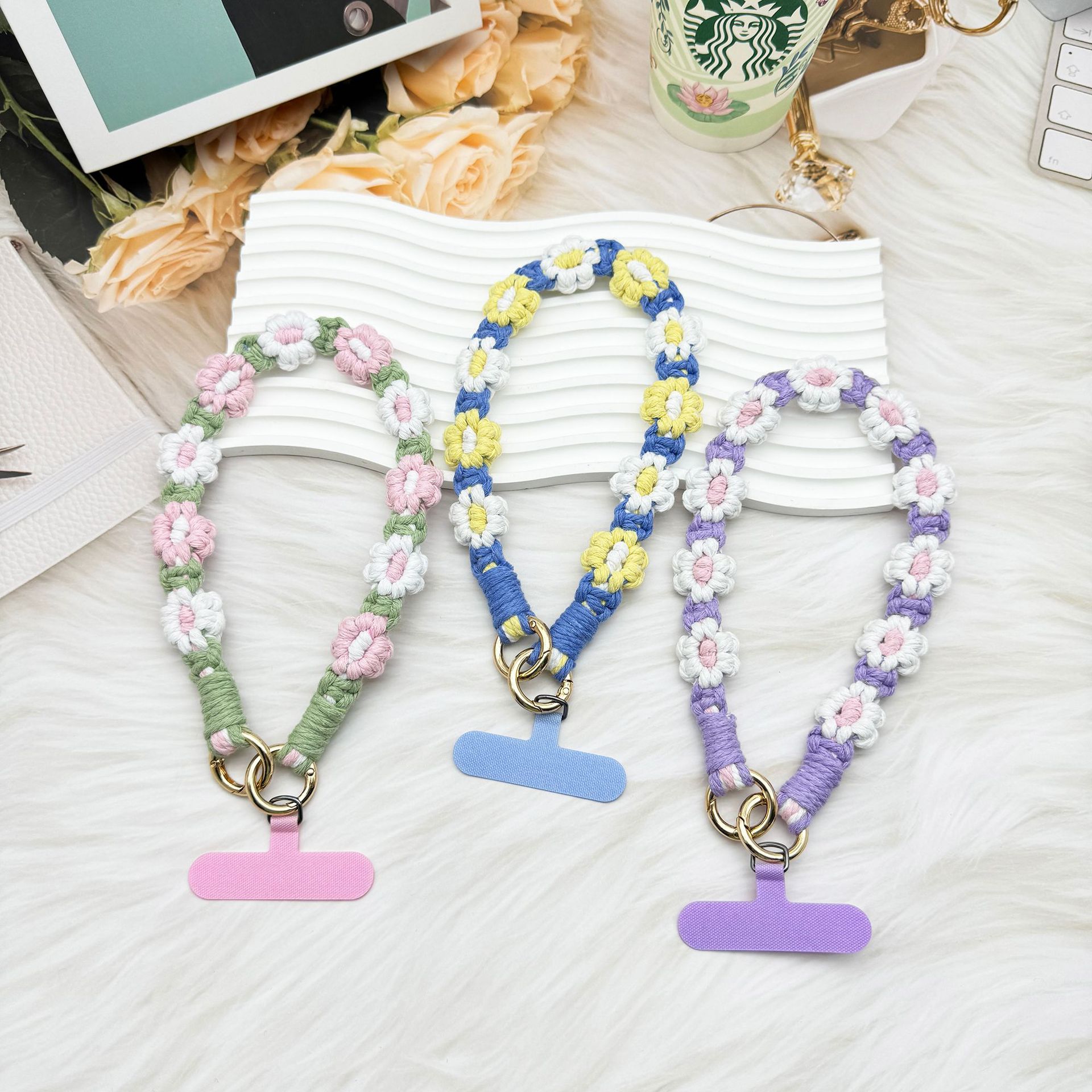 ins欧式手机挂件编织手机链小雏菊花朵编绳钥匙扣包包创意礼物女