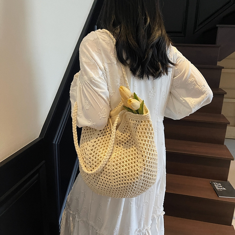 Cross-Border Woven Bags, Casual Large-Capacity Cotton Thread Woven Bags, New Hollowed-Out Straw Woven Bags, Laid-Back Style Single-Shoulder Bags, Vacation Beach Bags, Women's Bags, Crossbody Tote Bags, Woven Bags