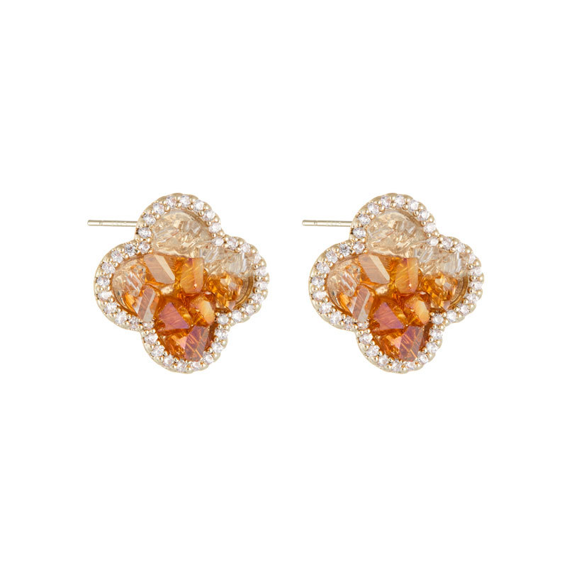 Premium sensation lucky cristal de cuatro hojas pendientes aleación de cobre café chapado de oro con zirconio S925 agujas de plata delicados orejeras Item Picture