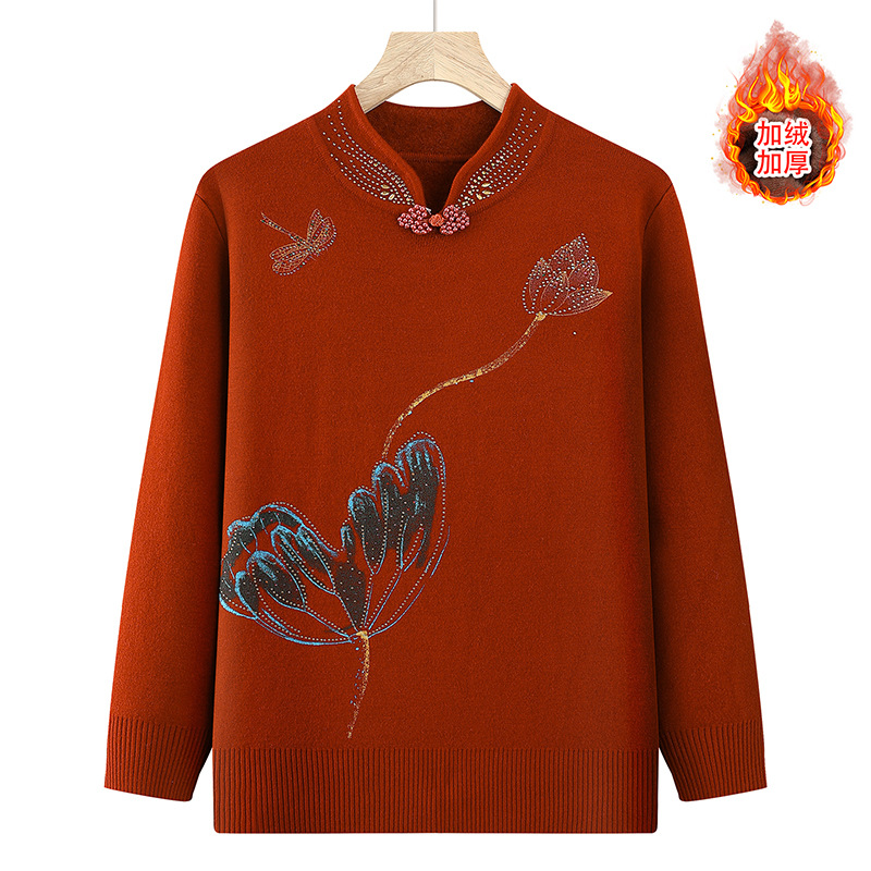 Mother's winter clothes: thickened fleece sweater, one-piece fleece warm top, Chinese-style cheongsam collar base layer for middle-aged and elderly women details Picture