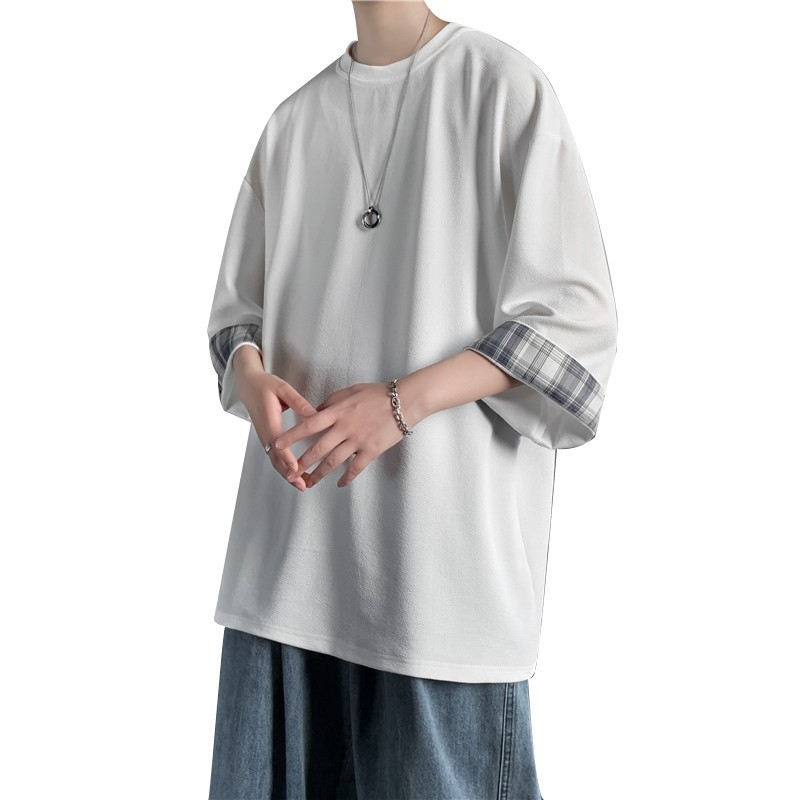 Ice Silk short-sleeved men's summer thin trendy brand cool and drape T-shirt, Hong Kong style loose, bf lazy style patchwork 7 3/4 sleeve Item Picture