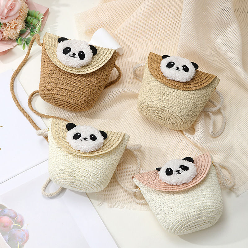 Cross-Border Straw Weaving Bag, Red Panda Straw Weaving Bag, Summer Beach Straw Weaving Bag, Mini And Cute Mobile Phone Crossbody Small Bag, Handmade Straw Weaving Bag details Picture