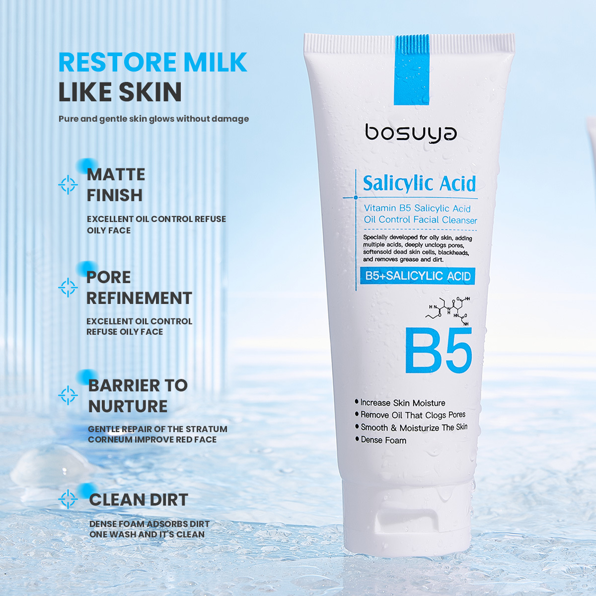 【 Cross-border Exclusive Supply 】 Wholesale of bosuya Vitamin B5 Salicylic Acid Oil-Control Facial Cleanser and Deep Cleansing Lotion
