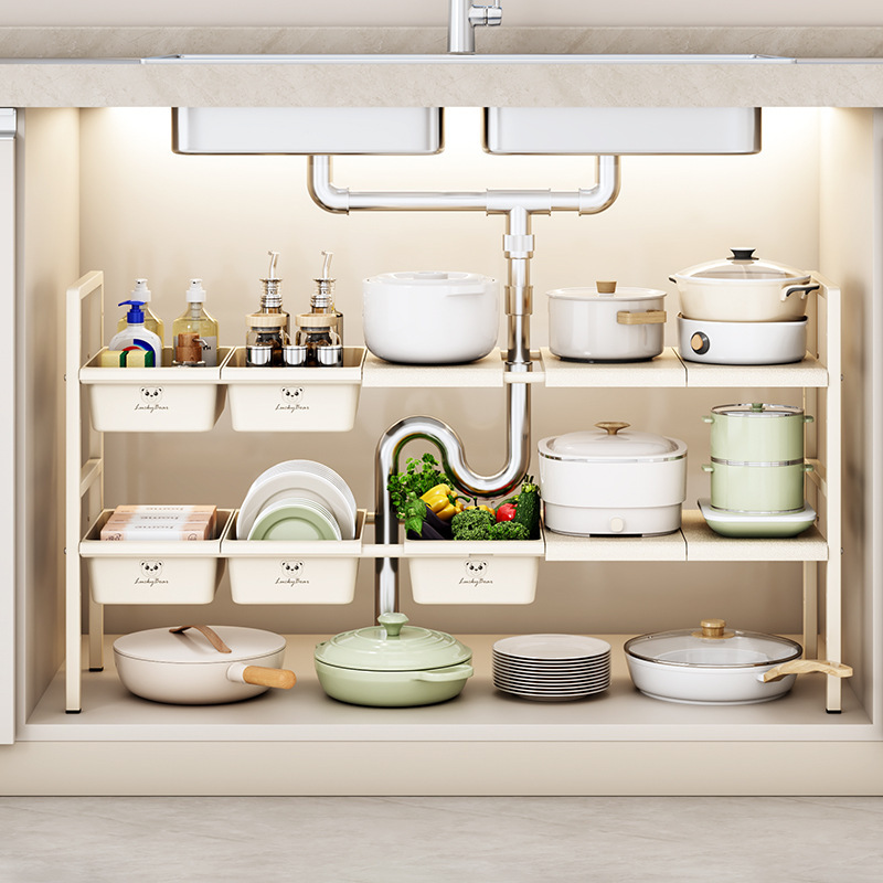 源头工厂厨房可伸缩下水槽置物架橱柜分层架储物架多功能收纳锅架详情图2