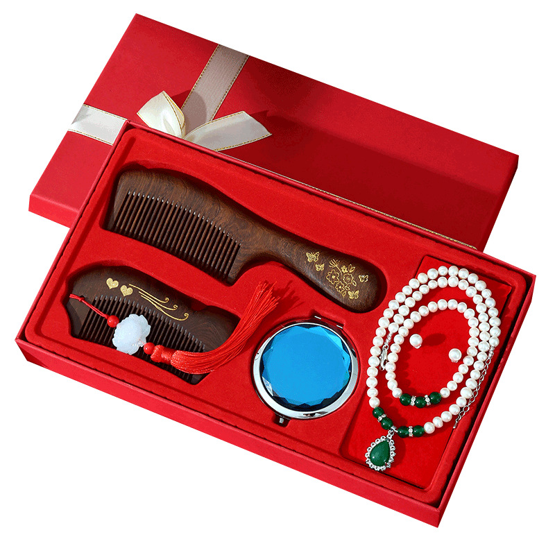 Mother's gift for girlfriend: Silk scarf, sandalwood comb set gift box, birthday present, wife's wedding gift Item Picture