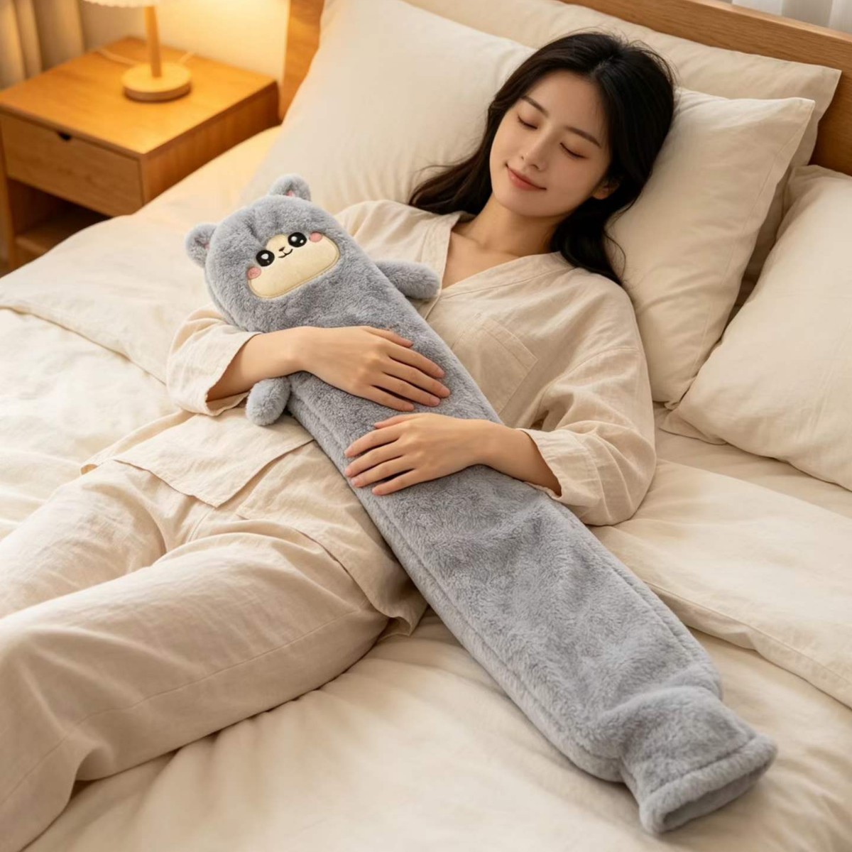 Long cartoon pillow hot water bag, a winter bed warming tool, thickened explosion-proof hot water bag, hot compress for belly and waist protection Application Scenario
