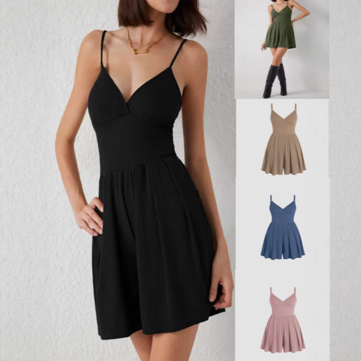 2025 European and American export summer pants Pocket Set, solid color, elegant commuting halter shorts, fashionable and casual jumpsuit full figure