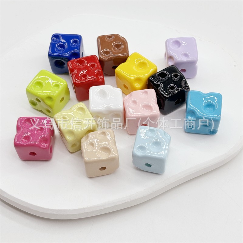 Douyin's best-selling 14mm through-hole cheese dopamine colored square beaded mobile phone chain head rope diy accessory loose beads