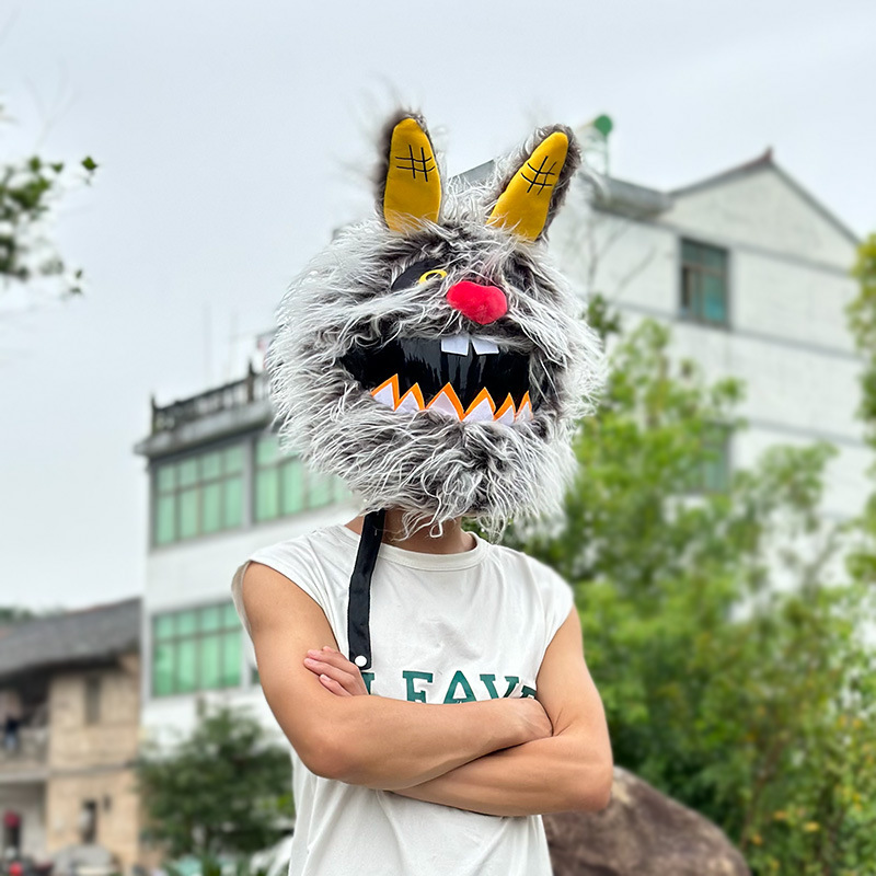 Head cover, Scar Rabbit plush helmet cover, motorcycle cartoon warm windproof motorcycle full helmet, trendy cycling accessories details Picture