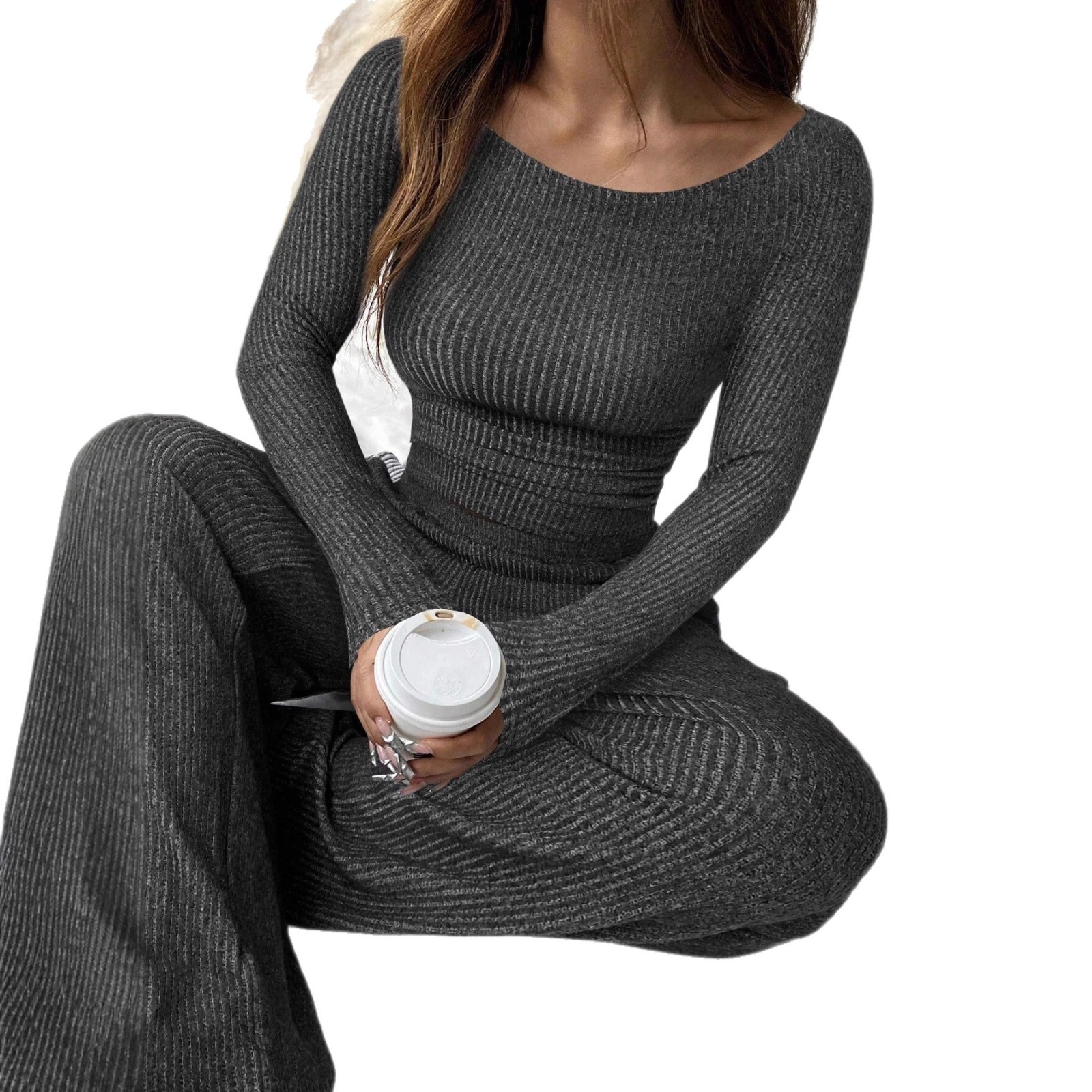 2025 Autumn/Winter New Amazon Cross-border long-sleeved boat collar top & stretched-waist wide-leg pants set Item Picture