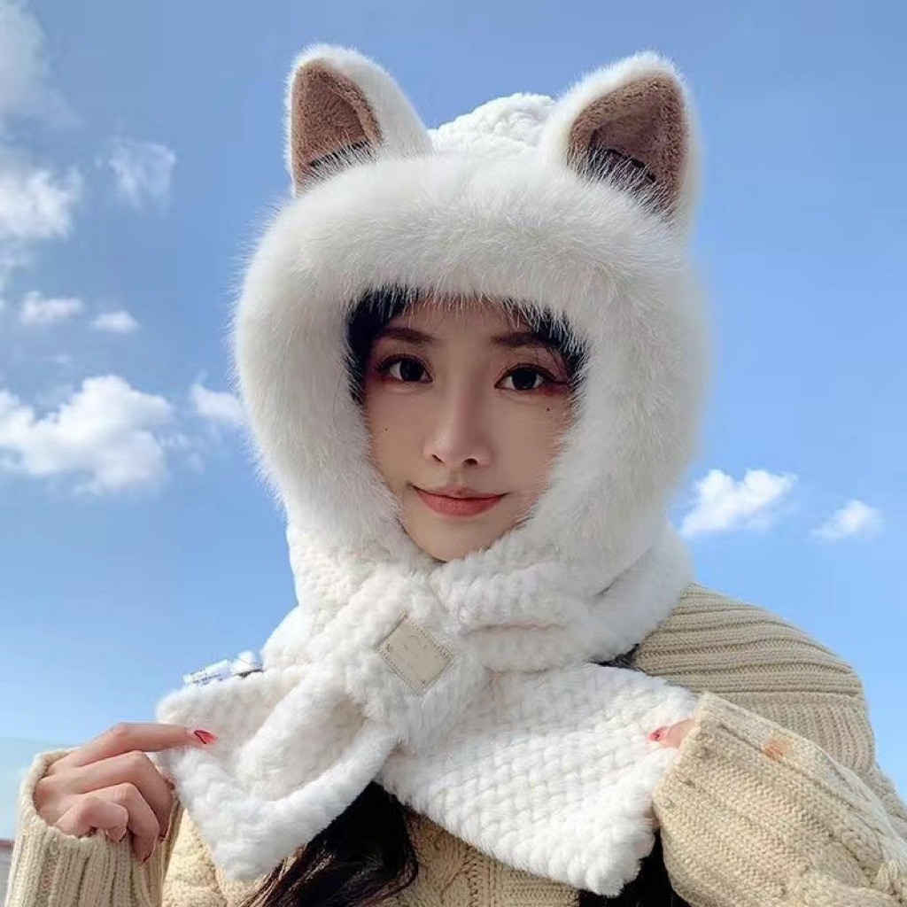 One-piece delivery of autumn and winter hats, cute girls' fluffy scarves, thickened one-piece scarves, fluffy hats for cycling warmth, ear-protecting hats, wholesale from street stalls Specification image