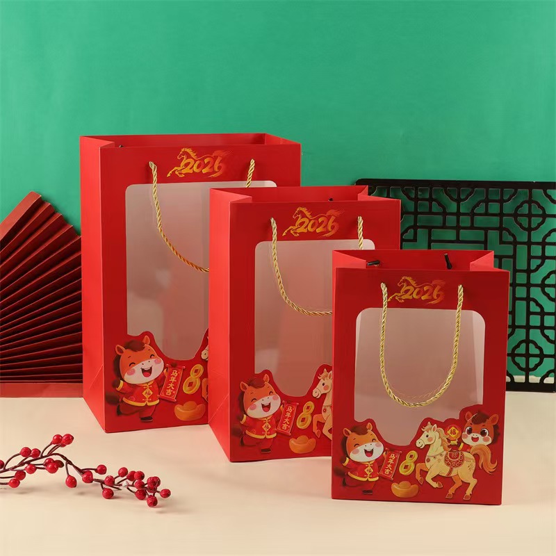 Año nuevo chino 2026 bolsa de mano del año del caballo transparente ventana acompañante bolsa de regalo de la mano bolsa de regalo de la reunión anual bolsa de regalo de la ventana roja del año nuevo details Picture
