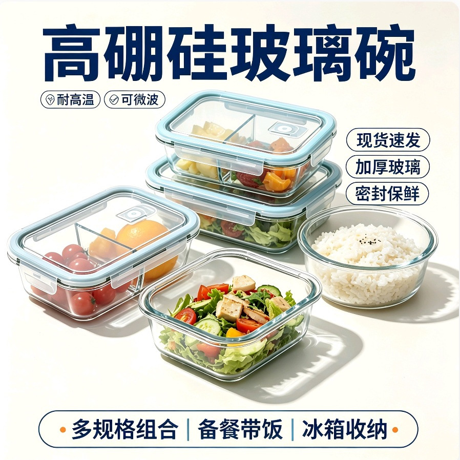 High-temperature resistant borosilicate glass lunch boxes can be used in ovens and microwave ovens. Glass food storage boxes, frozen food storage bowls, and storage tableware