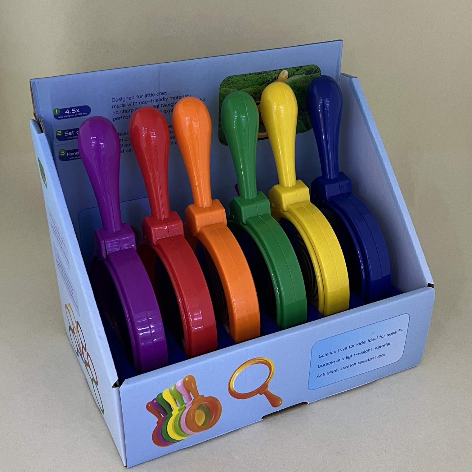 5x 90mm new children's display box set, color plastic stand magnifying glass, student educational gift