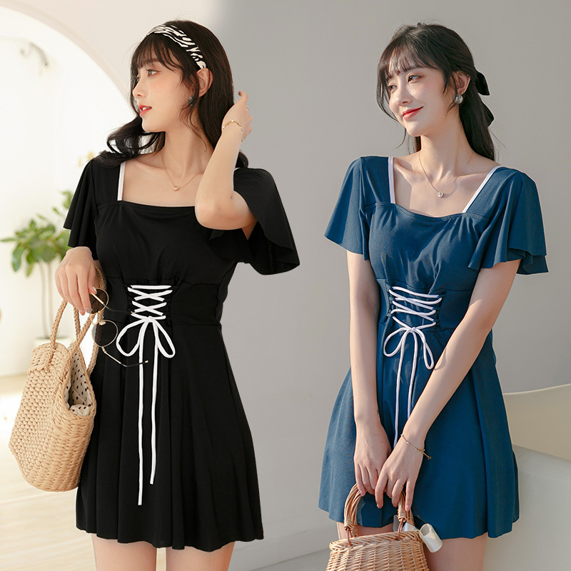 大码泳衣女时尚胖MM显瘦修身连体裙式泳装简约纯色温泉游泳衣批发-038850