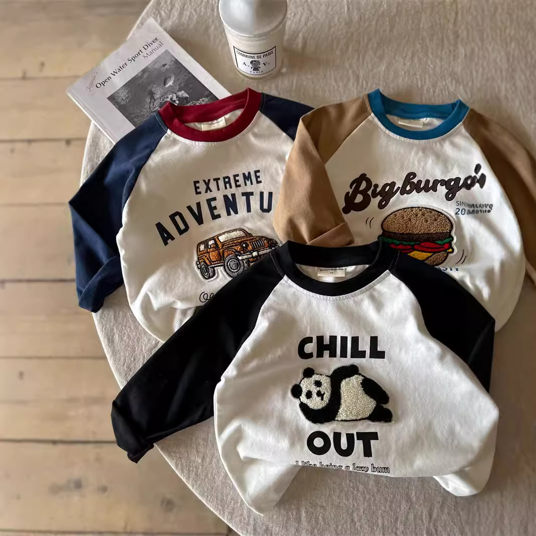 Children's T-shirts 2025 Spring and Autumn Collection: Cartoon all-cotton T-shirts for Boys, stylish color-blocked shoulder sleeve base shirts for boys and girls wholesale
