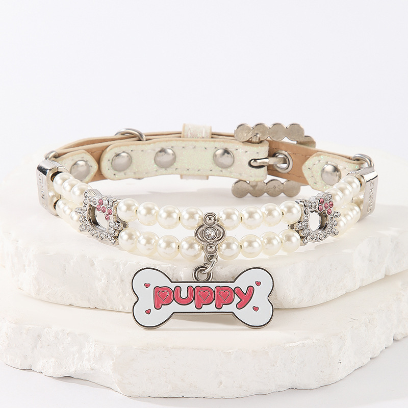 New pet beaded large bone pendant collar, small cat and dog simulation pearl water diamond cat head beaded cat chain necklaces