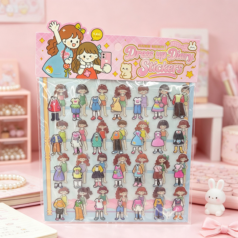 Children's dress-up stickers, fashionable outfits, DIY stickers, cartoon characters changing clothes, handcrafted decorations, double-layer bubble stickers Specification image