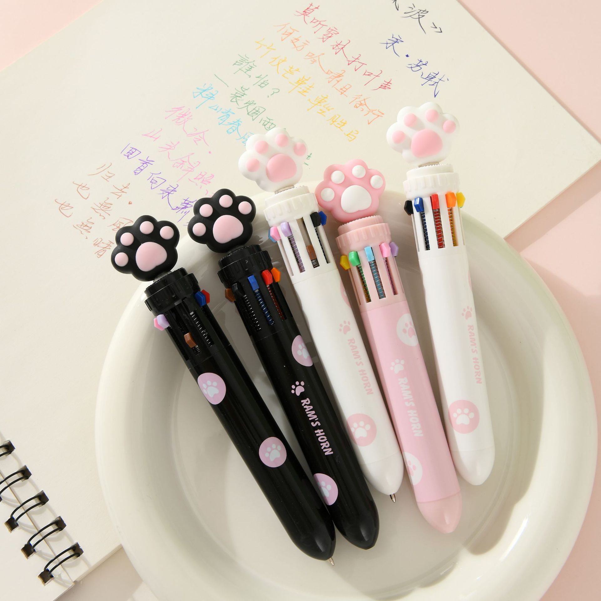 Creative cat-paw ten-color ballpoint pen ins High appearance level Cartoon cute cat-paw student DIY colorful planner oil pen
