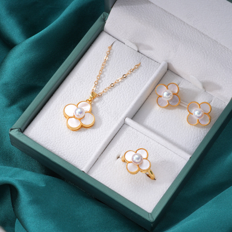 Pearl ring, earneedle pendant, three-piece set, empty stand, four-petal flower, white butterfly shell design, DIY light luxury original jewelry details Picture