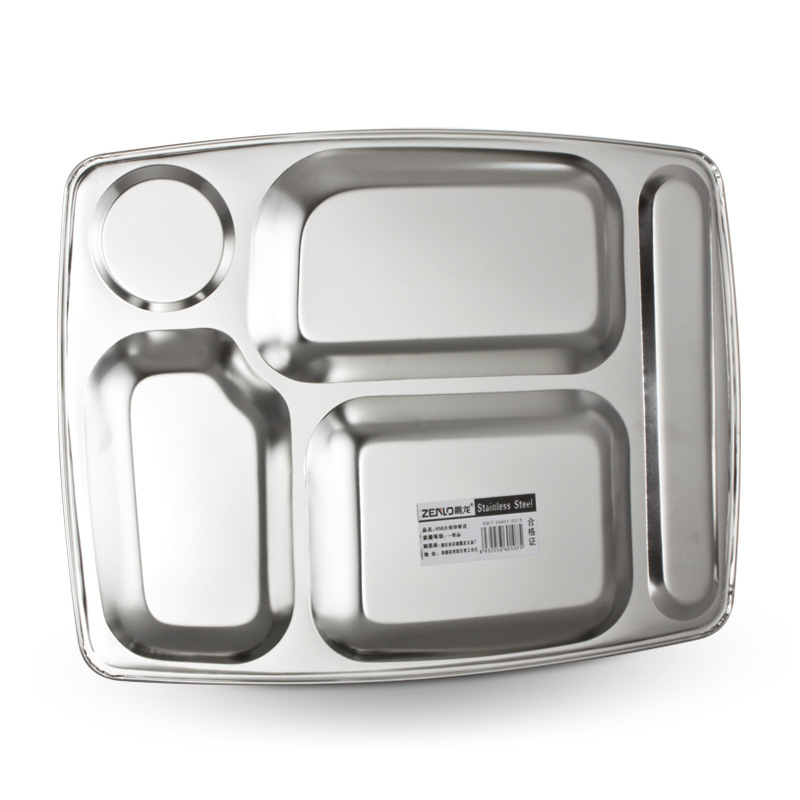 Stainless steel fast food plates with five large compartments, thickened and deepened, are specially designed for student company canteens. Wholesale from the manufacturer Application Scenario