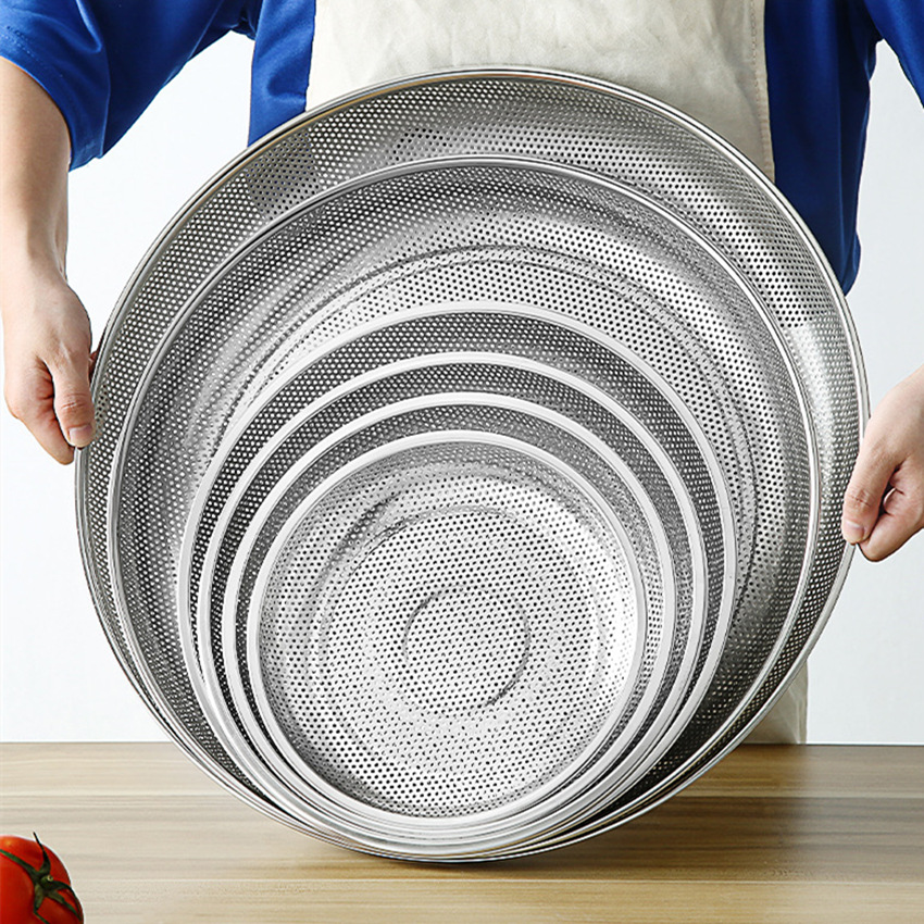 不锈钢沥水篮、盆密孔盘分样粉筛粮食谷物过滤筛盘 厨房家用多用过滤盘密孔盘