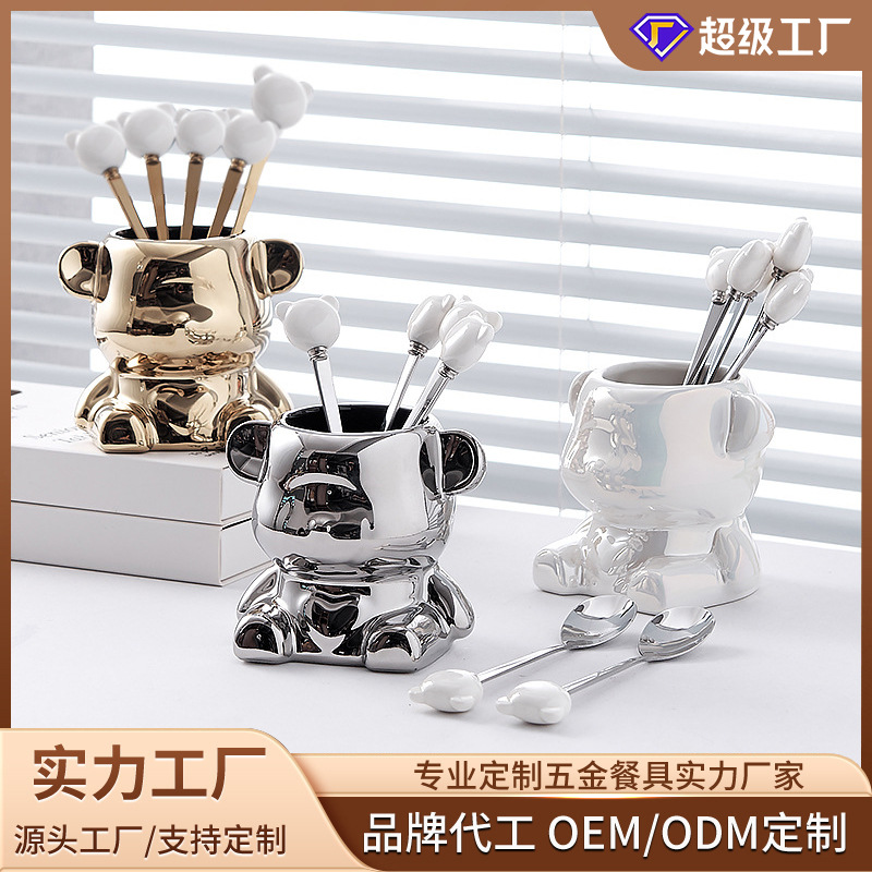 Ceramic Bear stainless steel fruit fork set, high appearance level fruit skewers, household light luxury forks and spoons, fruit forks wholesale