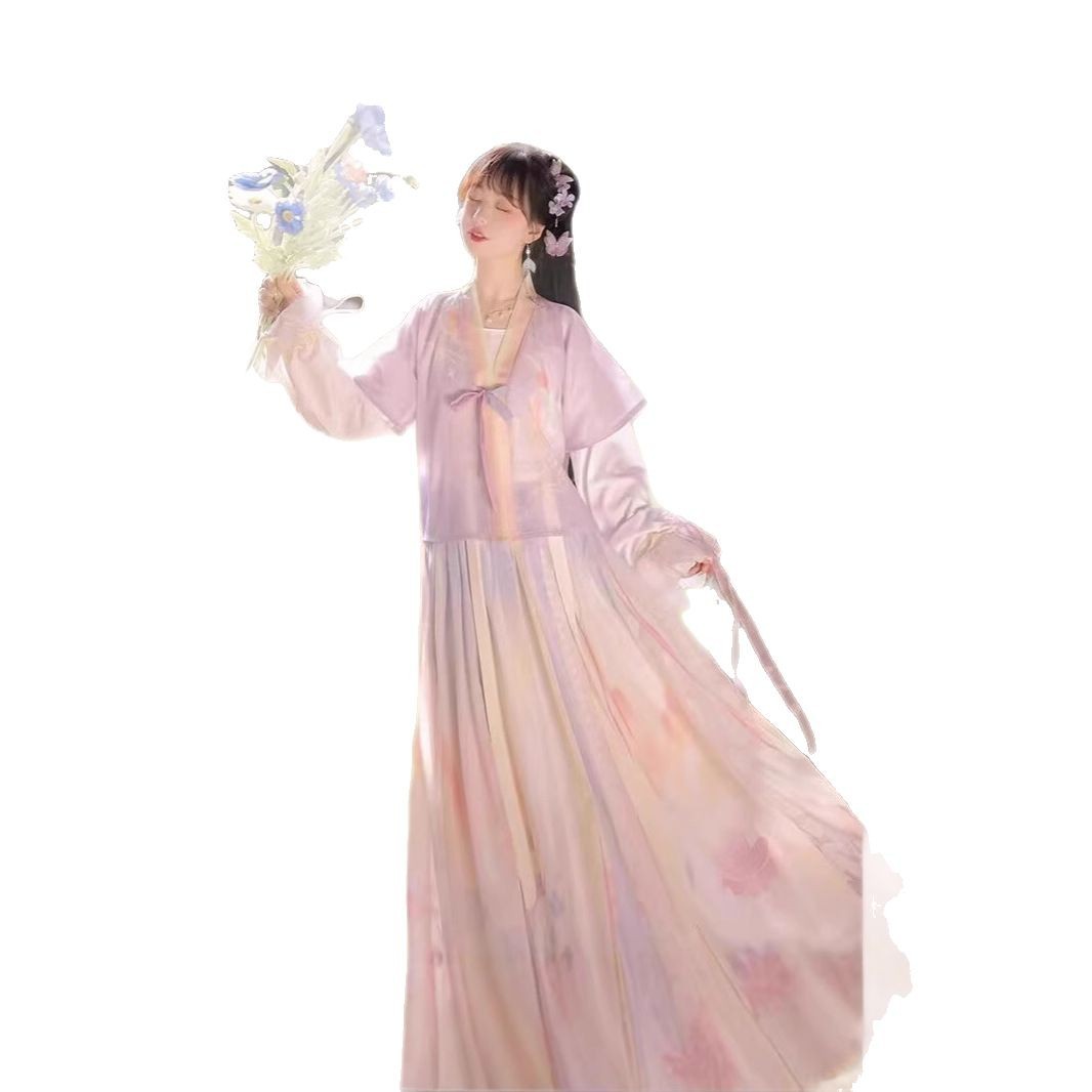 Chinese trend Hanfu women Tang 褙子 round-neck short shirt pleated skirt original waist-length Chinese style daily adult ancient costume spring and autumn complete set Item Picture