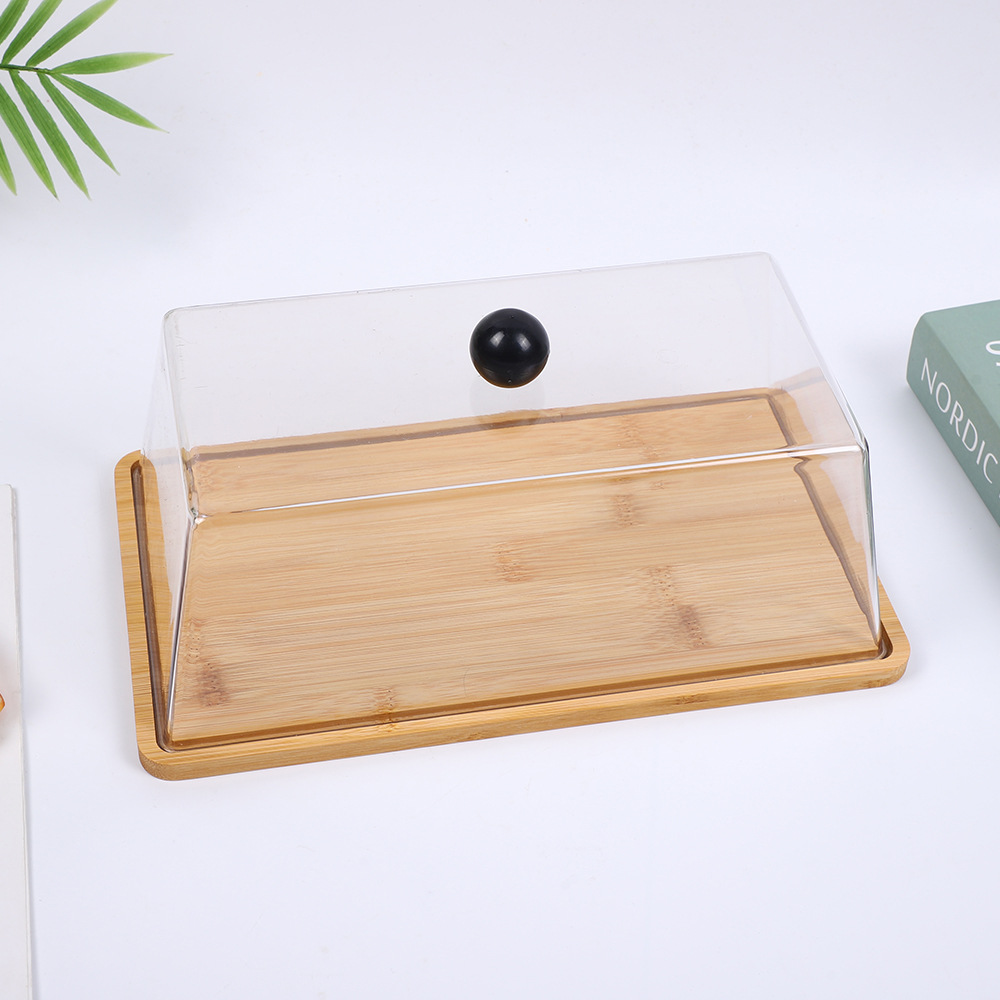 Square bamboo and wood plate with cover, transparent and dust-proof, cake and dessert display plate, restaurant and hotel snack, dim sum and dried fruit plate Specification image