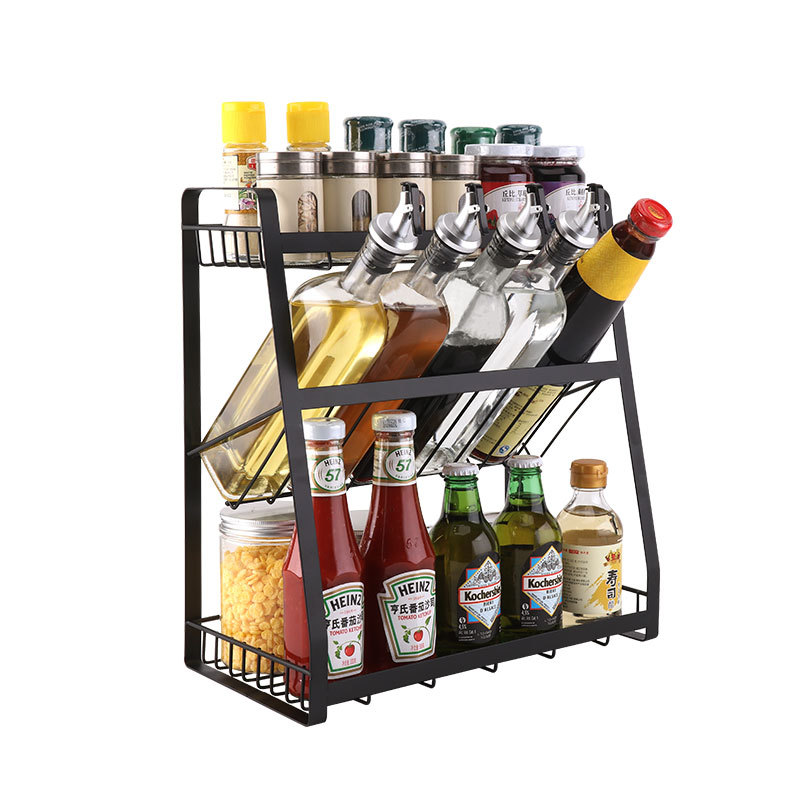 Creative seasoning rack, kitchen storage rack, black three-layer sauce bottle and jar seasoning rack Item Picture