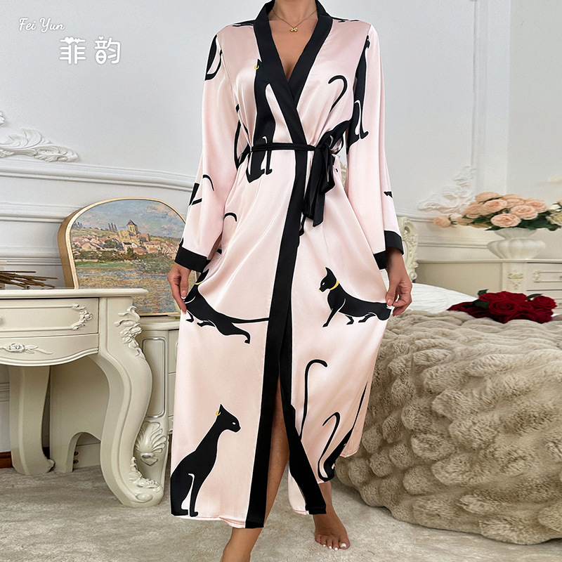 European and American Amazon cross-border women's long satin printed bathrobes, bathrobes, long-sleeved lace-up sexy home wear 838 Application Scenario