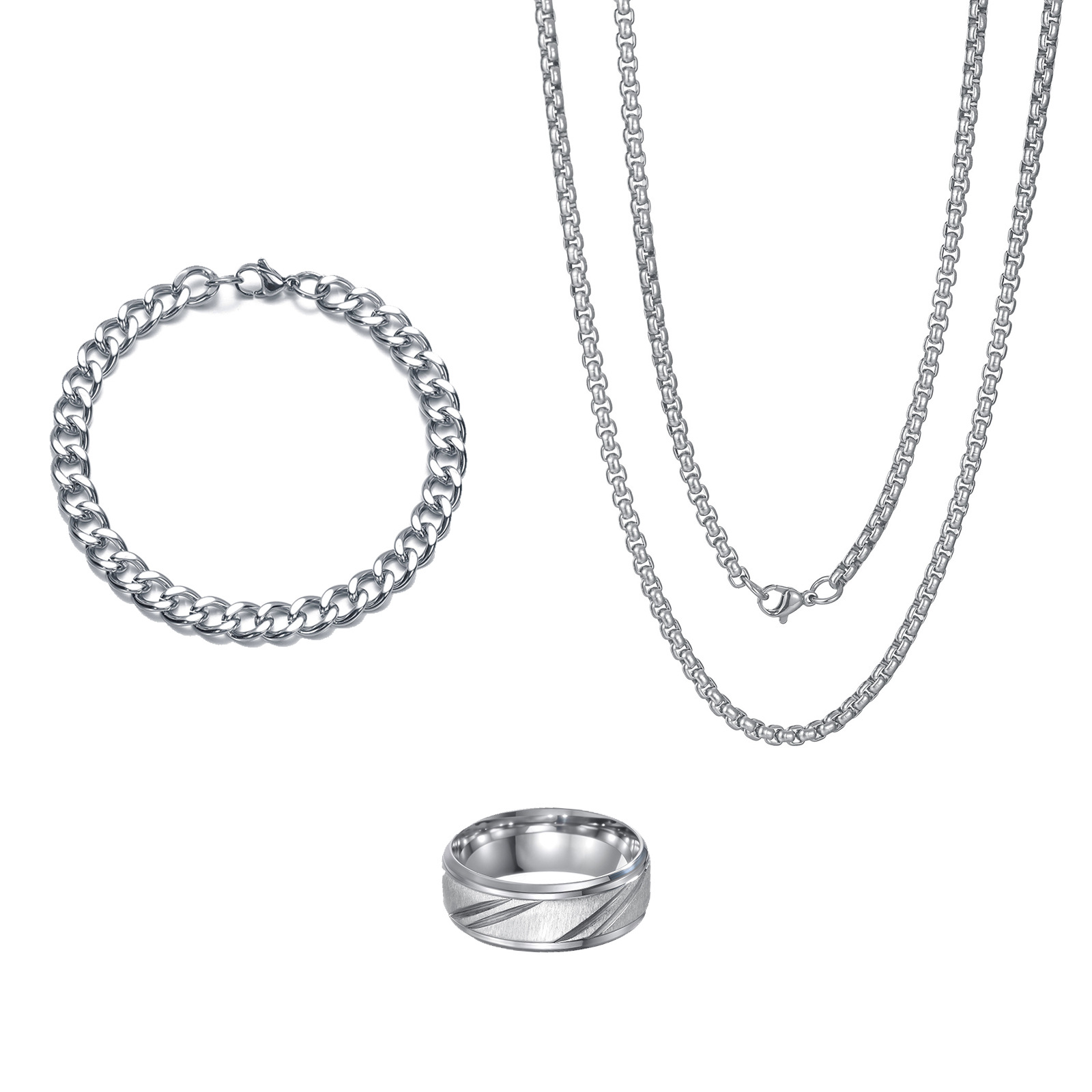 Wholesale of cross-border best-selling stainless steel round grinding bracelets, European and American men's fashionable Cuban chain bracelets, rings and accessory sets Item Picture