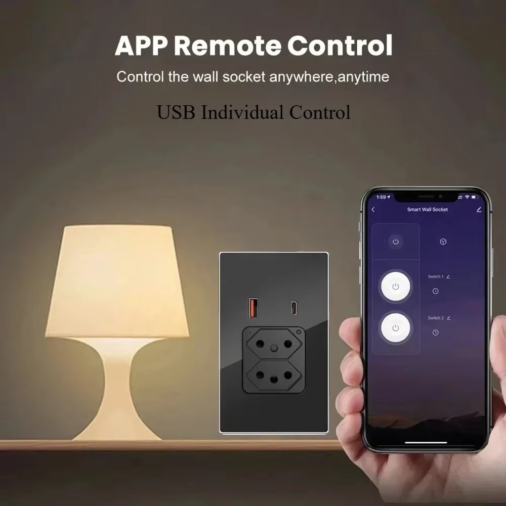 WiFi Smart Tuya Brazilian USB wall socket glass panel Remote wireless control compatible with Google Home Application Scenario